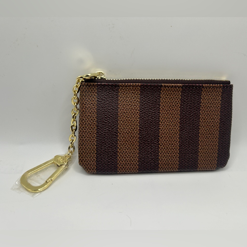 RAUDER Coated Canvas Vertical Stripe Zip Key Cles Pouch Mini Compact Wallet